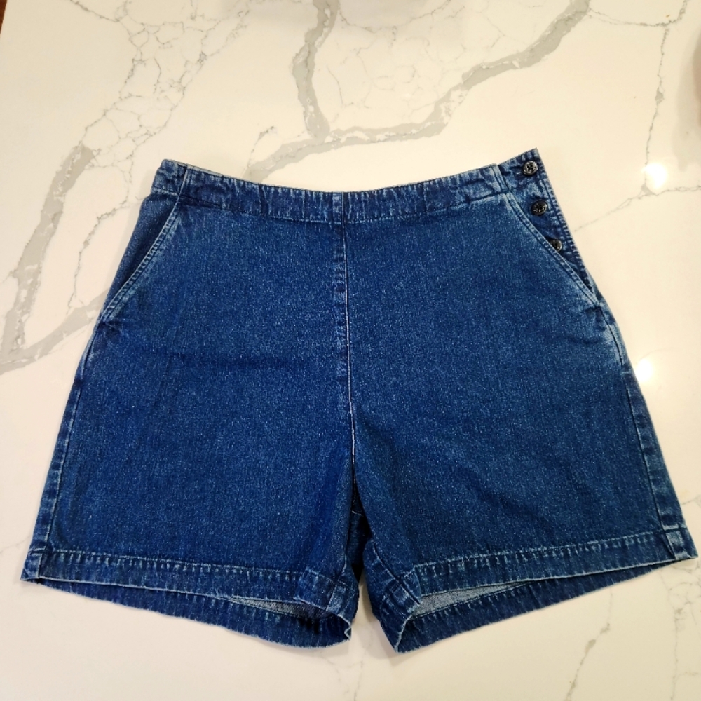 Lauren Ralph Lauren Blue Denim Shorts 100% Cotton 5" Inseam Side Buttons Sz 14
